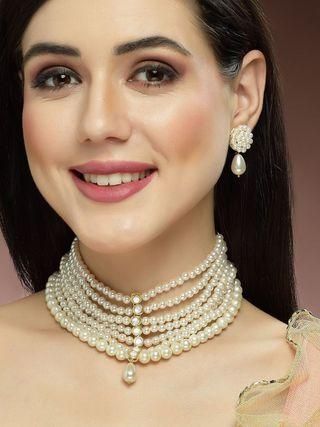 Karatcart Pearl Beaded Kundan Choker Necklace Set for Women
