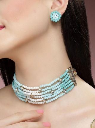Karatcart Light Blue and White Crystals Beaded Kundan Choker Necklace Set for Women