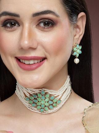 Karatcart Gold Plated Pearl Beaded Light Blue and Light Green Kundan Stone Choker Necklace Set