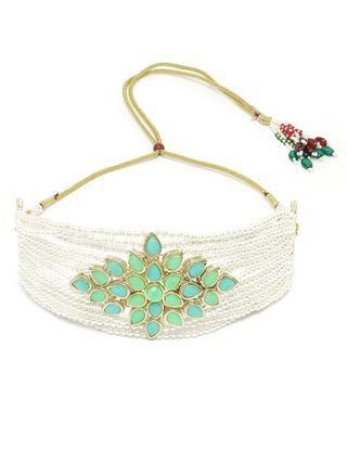 Karatcart Gold Plated Pearl Beaded Light Blue and Light Green Kundan Stone Choker Necklace Set