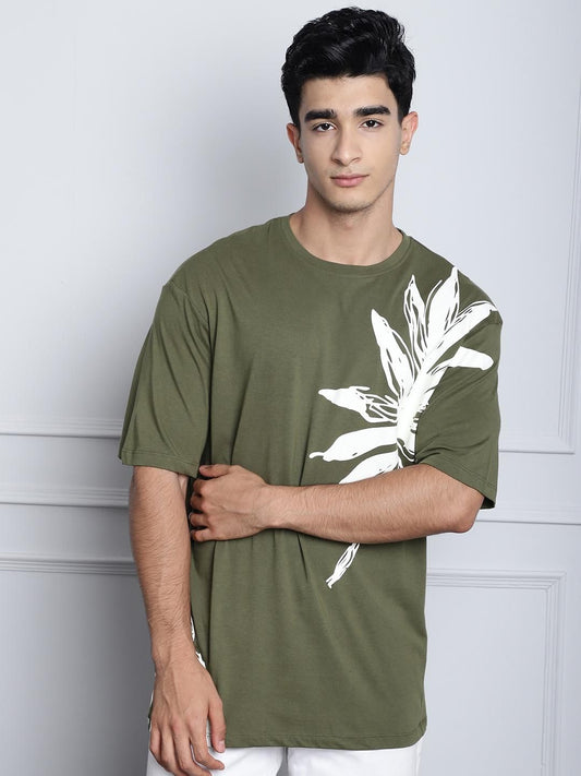 Mufams 74 Mens Leaf Print Olive Color Oversize Tshirt